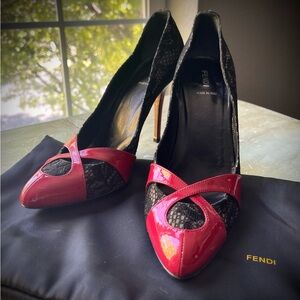 Fendi vintage Leather and Lace heels with raspberry detailing.